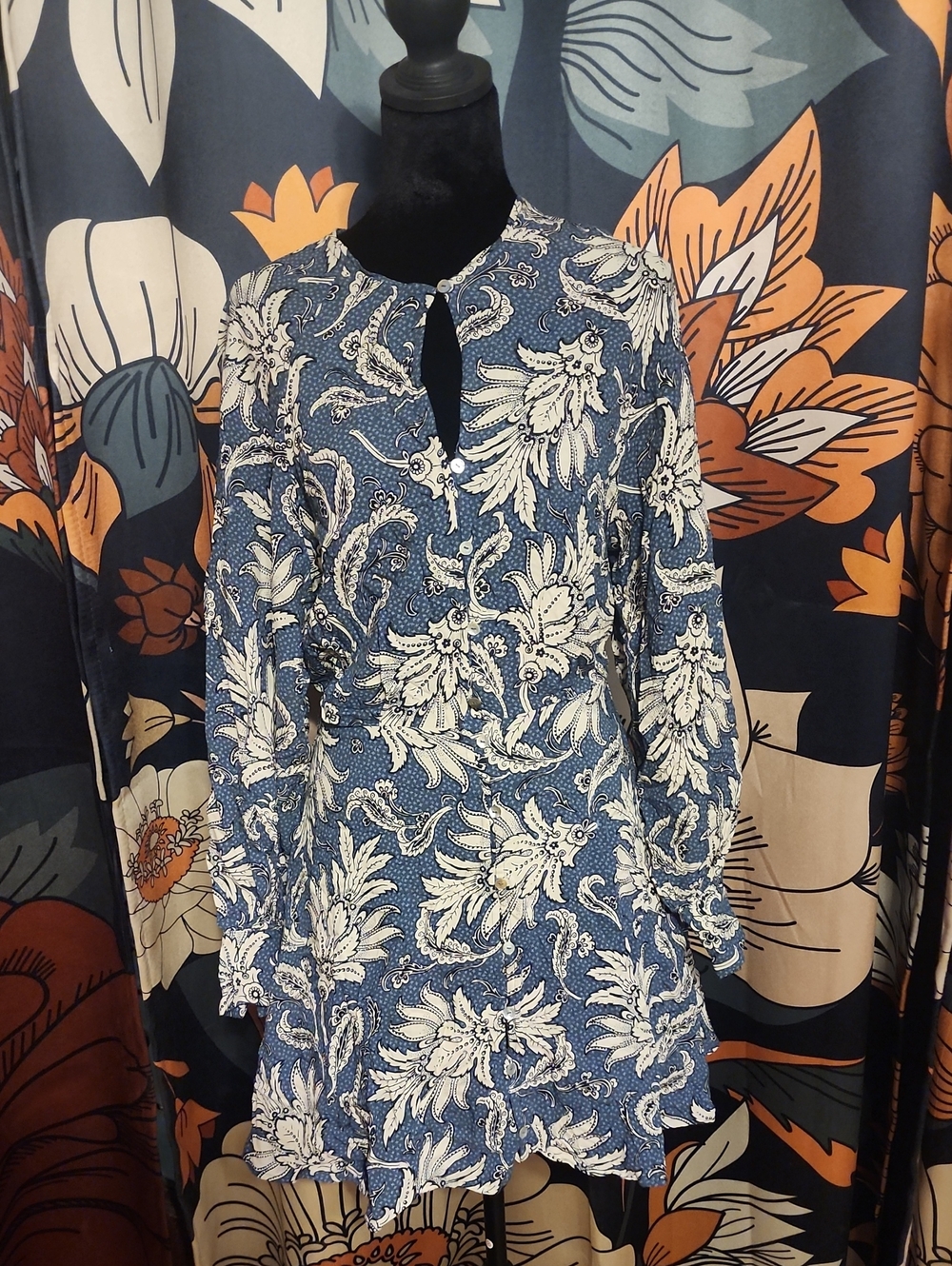 H&M Blue Long-Sleeve Floral Paisley Tunic Dress